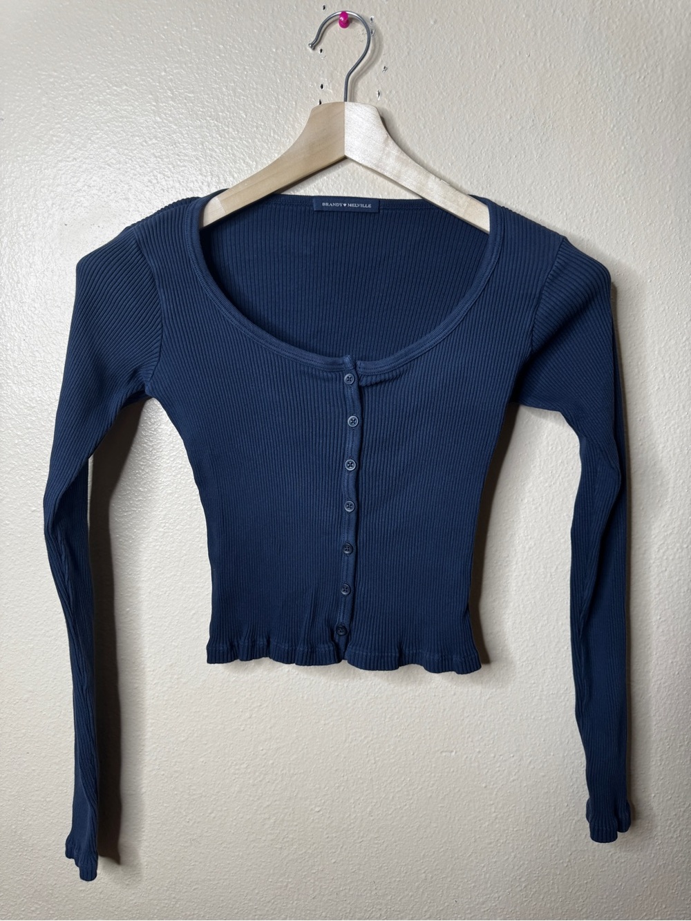 Brandy Melville Womens Blue Ribbed Cotton Cropped Too Button Front Italy